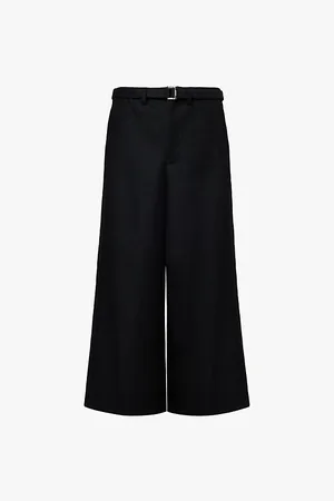 SACAI Detachable Belt Drawstring Waistband Wide Leg Regular Fit Wool Trousers
