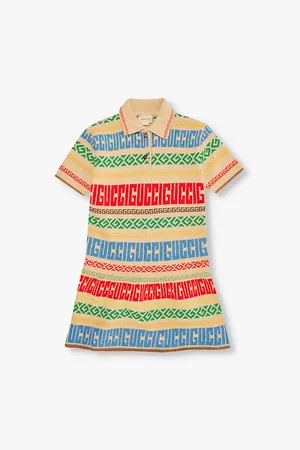 Gucci Sort-sleeve Logo-jacquard Flared-skirt Wool-blend Knit Dress 6-12 Years