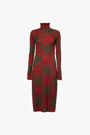 Burberry Checked Long-sleeved Knitted Midi Dress