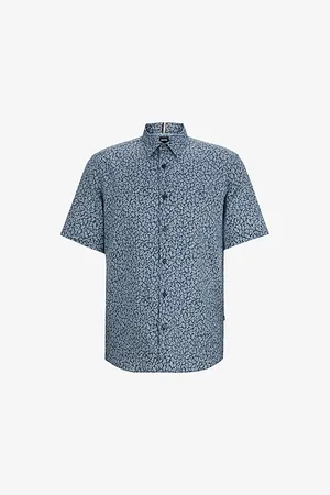 HUGO BOSS Leaf-print Short-sleeved Stretch-linen Shirt
