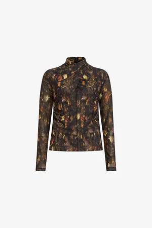 AllSaints Tia Kateri Graphic-print Twisted-neck Stretch-mesh Top