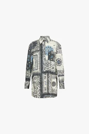 Roberto Cavalli Graphic-pattern Long-sleeve Cotton-blend Poplin Mini Dress