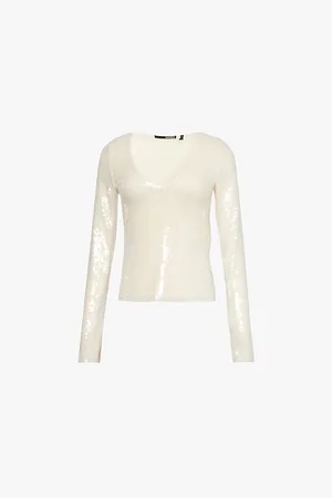ROTATE V-neck Long-sleeve Recycled-polyester Blend Sequinned-mesh Top