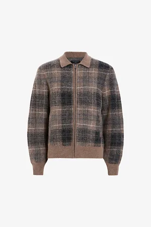 AllSaints Robbie Zip-up Checked Stretch Wool and Alpaca-blend Cardigan