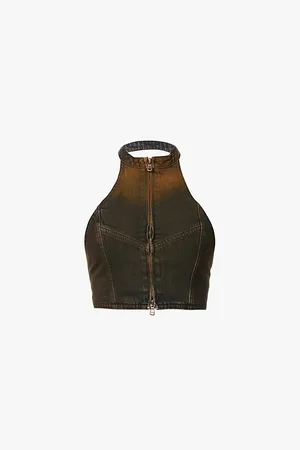 Mowalola High-neck Open-back Panelled Denim Top