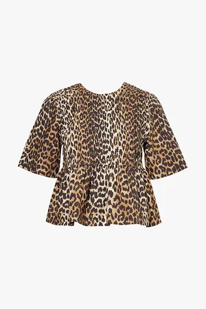 Ganni Open-back Animal-pattern Shirred Organic-cotton Blouse