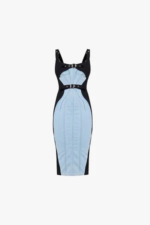 MUGLER Contrast-panel Belted-contour Stretch-denim Midi Dress