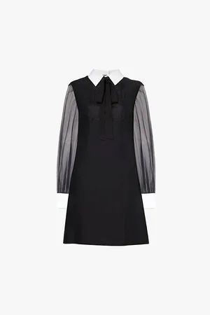VALENTINO GARAVANI Organza-sleeve Neck-tie Wool and Silk-blend Mini Dress