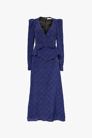 Alessandra Rich Tartan-pattern Ruffle-trim Regular-fit Silk Midi Dress
