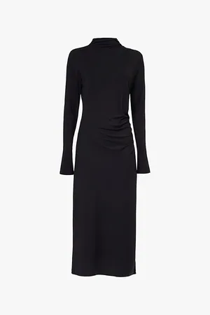 Vince Ruched Funnel-neck Stretch-woven Midi Dress