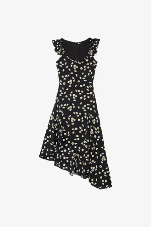 The Kooples Daisy-print Asymmetric-hem Stretch-woven Midi Dress