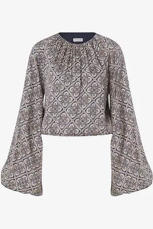 By Malina Kendall Patterned Balloon-sleeve Cropped Blouse