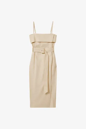 Reiss Dhalia Straight-neck Belted Stretch-cotton Midi Dress
