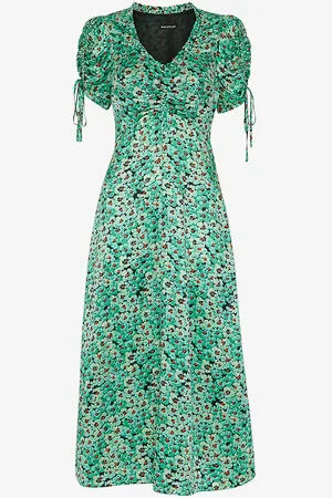 Whistles Pansy Meadow Floral-print Ruched-sleeve Satin Midi Dress