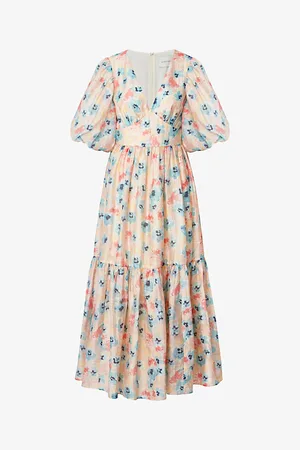 By Malina Freya Floral-print Puff-sleeve Linen-blend Midi Dress