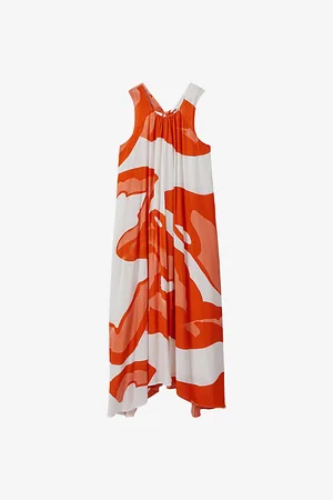 Reiss Avia Graphic-print Dipped-hem Woven Midi Dress