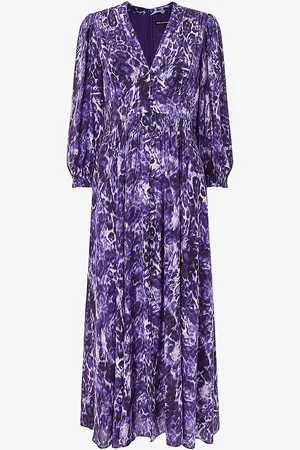 Whistles Glossy Leopard-print Long-sleeve Woven Midi Dress