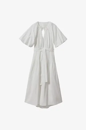 Reiss Alice Puff-sleeve Belted-waist Linen and Cotton-blend Midi Dress