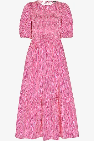 Whistles Uneven Lines Graphic-print Shirred-bodice Cotton Midi Dress