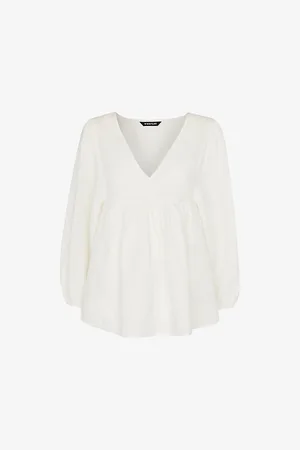 Whistles Gloria V-neck Balloon-sleeve Cotton and Linen-blend Blouse