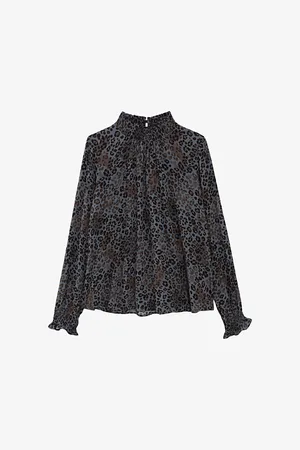 IKKS Panther-print Smock-neck Crepe Blouse