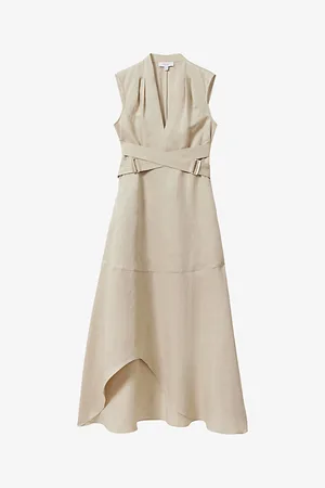 Reiss Ava Belted-waist Dipped-hem Linen Midi Dress