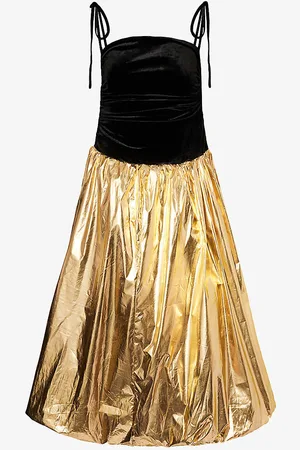 Amy Lynn Straight-neck Metallic Velvet Midi Dress