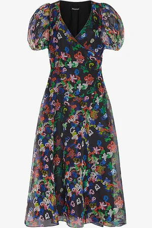 Whistles Scribble-print Puff-sleeve Organza Silk Midi Dress