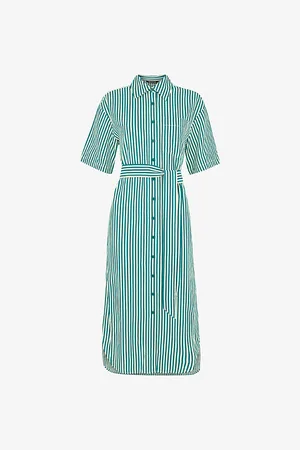 Whistles Stripe-print Belted-waist Linen-blend Midi Dress