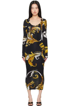 VERSACE Black & Yellow Outline Barocco Midi Dress