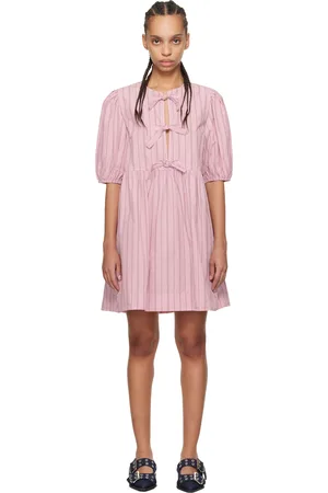 Ganni Pink Stripe Cotton Mini Bow Tie Minidress