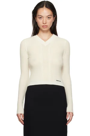 Shushu/Tong White Lace-Trimmed V-Neck Sweater