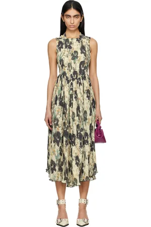Ganni Beige & Black Printed Pleats Smock Straps Midi Dress