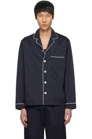 Tekla Navy Sateen Long Sleeve Pyjama Shirt