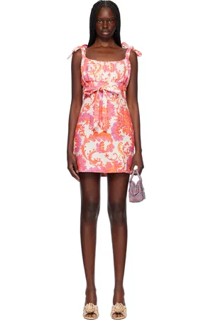 Anna Sui Off-White & Pink Arabesque Linen Tie Minidress