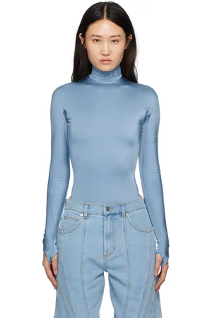 MUGLER Blue High Neck Bodysuit