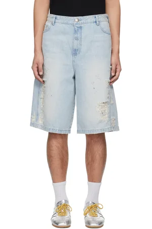 lesugiatelier Blue Crystal Embellished Ripped Denim Shorts