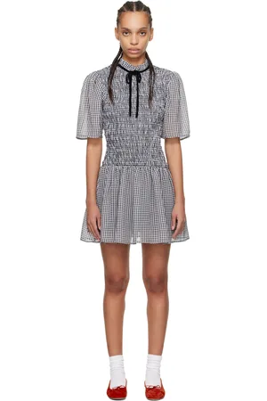 Ganni Black & White Sheer Check Mini Smock Minidress