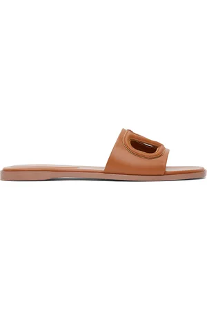 VALENTINO GARAVANI Tan VLogo Cutout Calfskin Slide Sandals