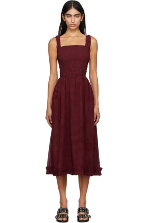 Ganni Red & Black Strap Smock Midi Dress