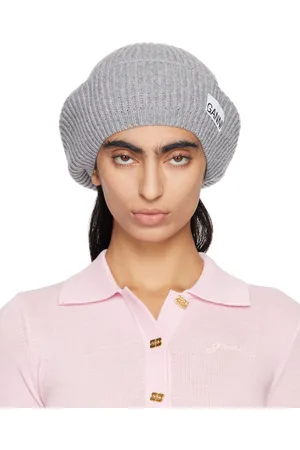 Ganni Gray Wool Rib Knit Beret