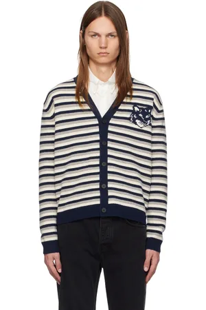 Maison Kitsuné Navy Fox Head Intarsia Striped Cardigan