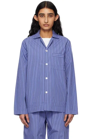 Tekla Blue & Black Poplin Long-Sleeved Pyjama Shirt