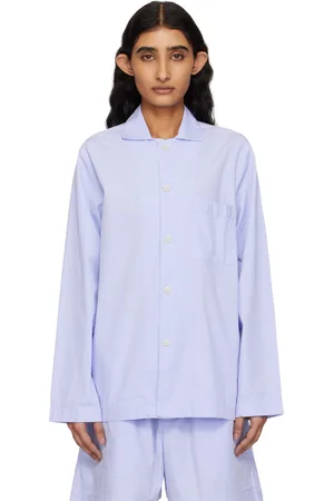 Tekla Blue Poplin Long-Sleeved Pyjama Shirt