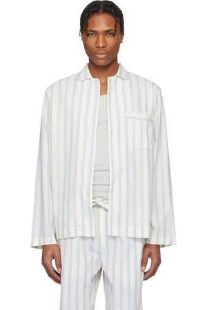 Tekla Blue & Off-White Poplin Long-Sleeved Pyjama Shirt
