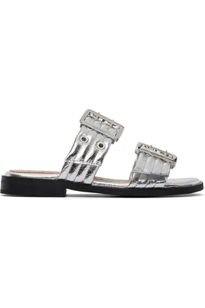 Ganni Silver Feminine Buckle Two-Strap Sandals