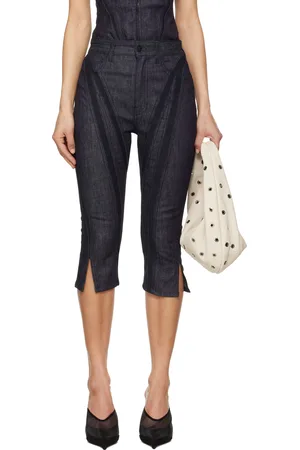 MUGLER Navy Mesh Capri Raw Denim Shorts