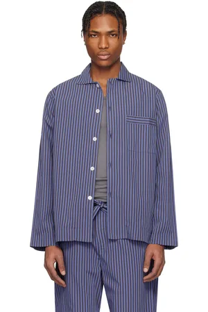 Tekla Blue & Brown Poplin Long-Sleeved Pyjama Shirt