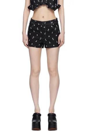 Anna Sui Black Embroidered Roses Denim Shorts