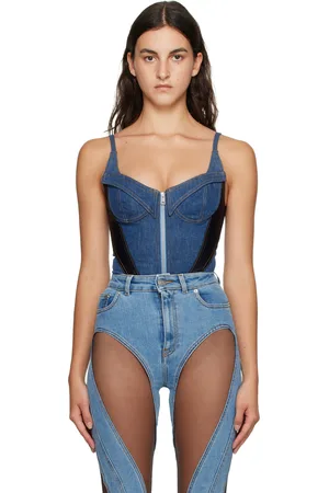 MUGLER Blue & Black Paneled Denim Bodysuit